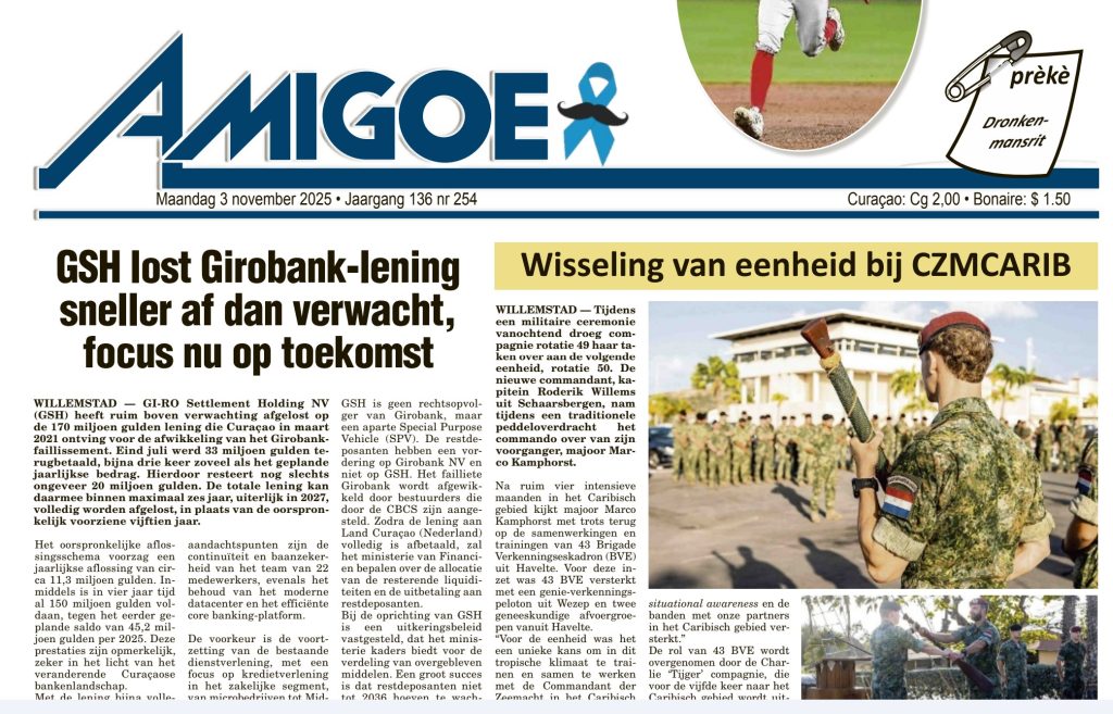 Artikel Amigoe d.d. 3 November 2025 “GSH lost Girobank-lening sneller af dan verwacht, focus nu op toekomst”