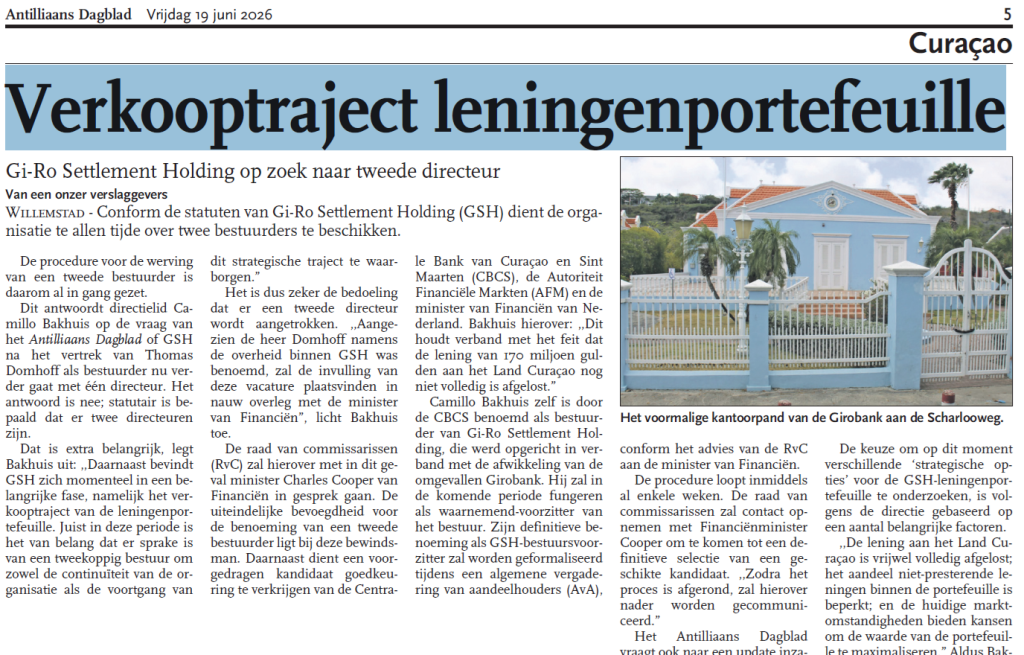 Artikel Antilliaans Dagblad d.d. 19 Juni 2026 “Verkooptraject Leningenportefeuille”